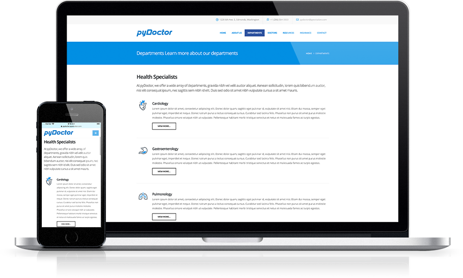 Mockup pyDoctor Medical Website Departments List