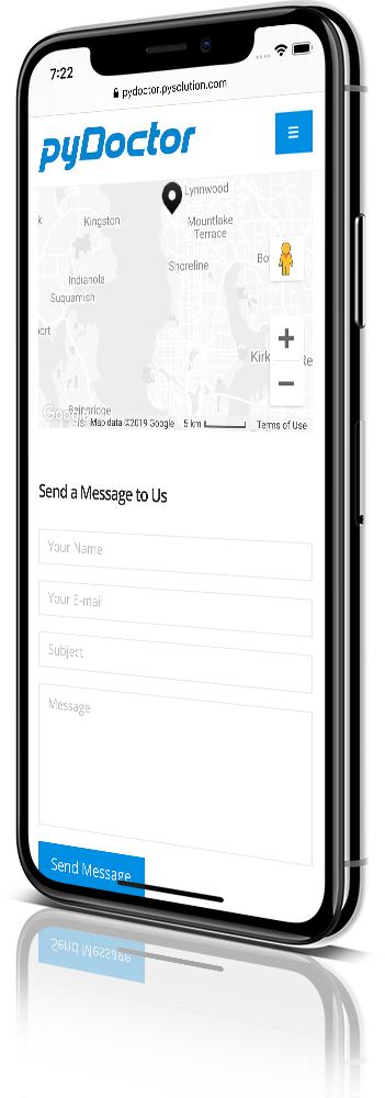 iPhone X Mockup pyDoctor Medical Website Contact w/ Google Map