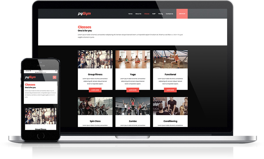 Mockup pyGym Fitness Website Classes List