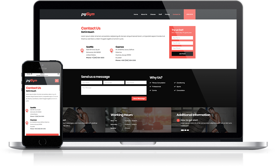 Mockup pyGym Fitness Website Contact Us