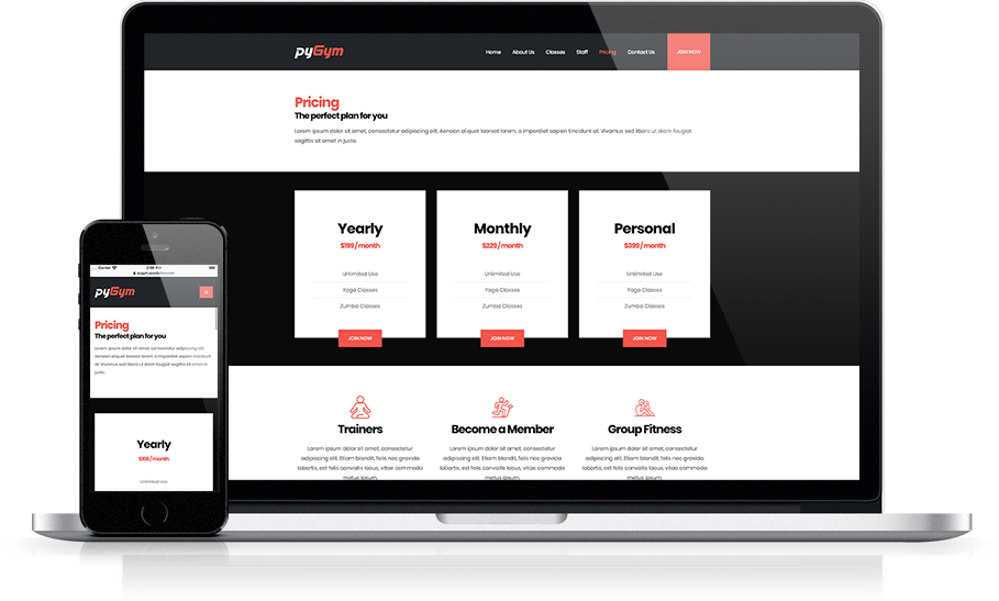 Mockup pyGym Fitness Website Pricing